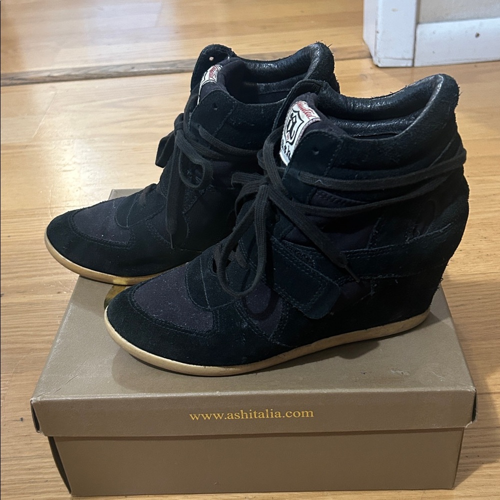 Black Ash High-Top Wedge sneakers, Sz 8.5
